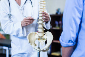 A spine specialist is examining a spine model while consulting with a patient.